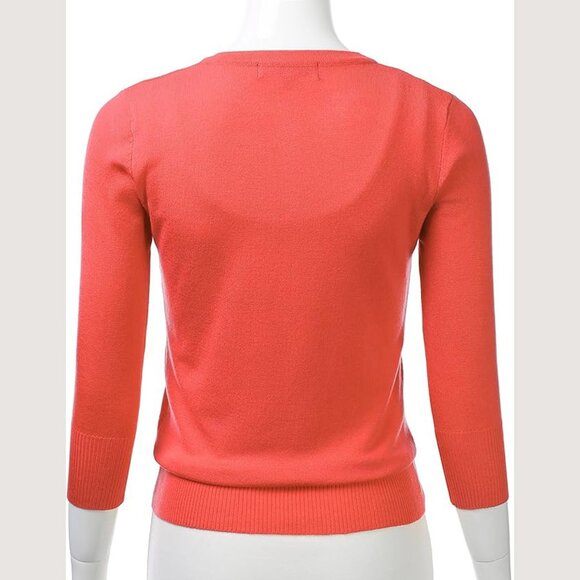 MAK Cardigan Sz L Peach Orange 3/4 Sleeve Button Up VNeck Sweater - Picture 5 of 7